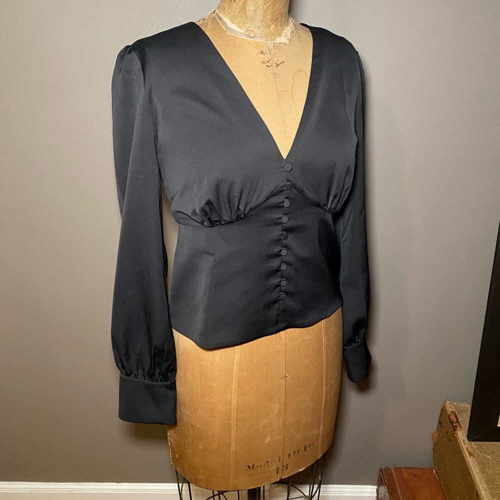 J. Crew Black V-Neck Button Front Blouse Puff Sleeve Fitted Waist Romantic Top 8
